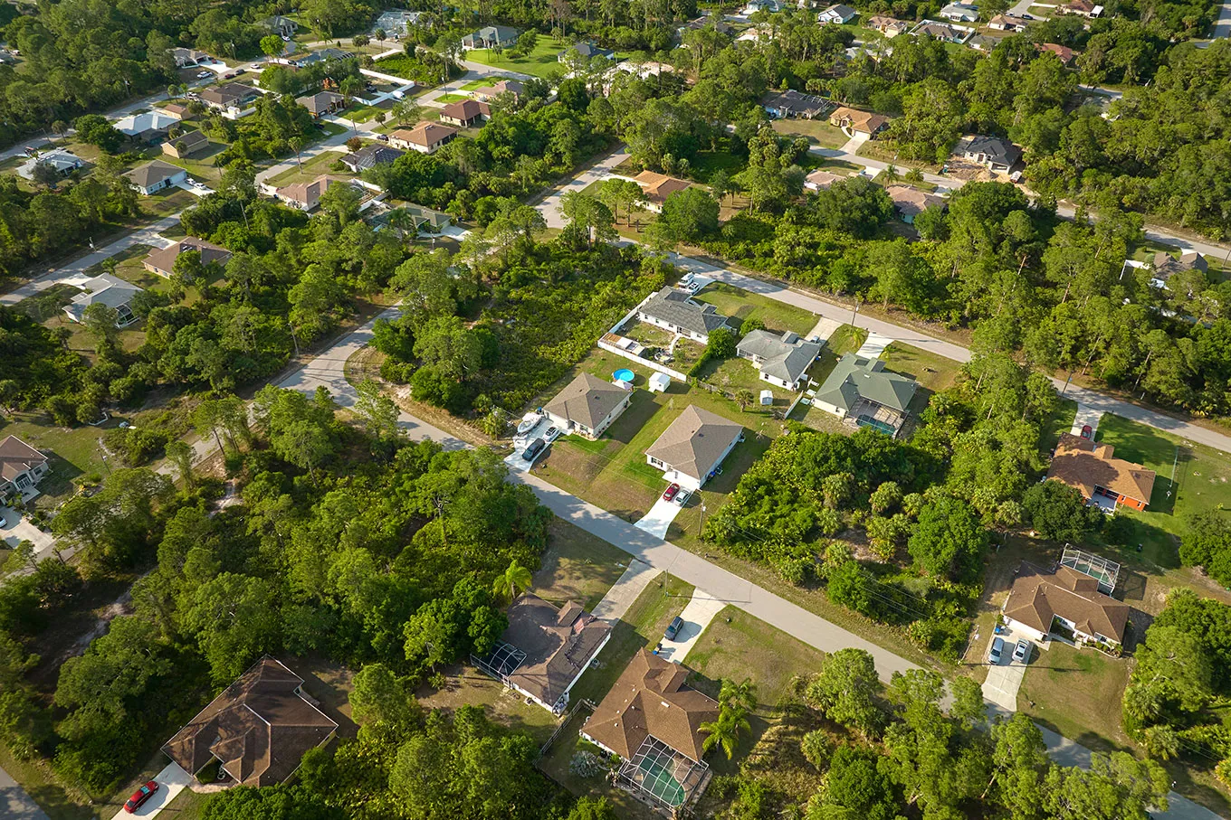 Aerial Landscape View Suburban Private Houses Green Palm Trees Florida Quiet Rural Area Web