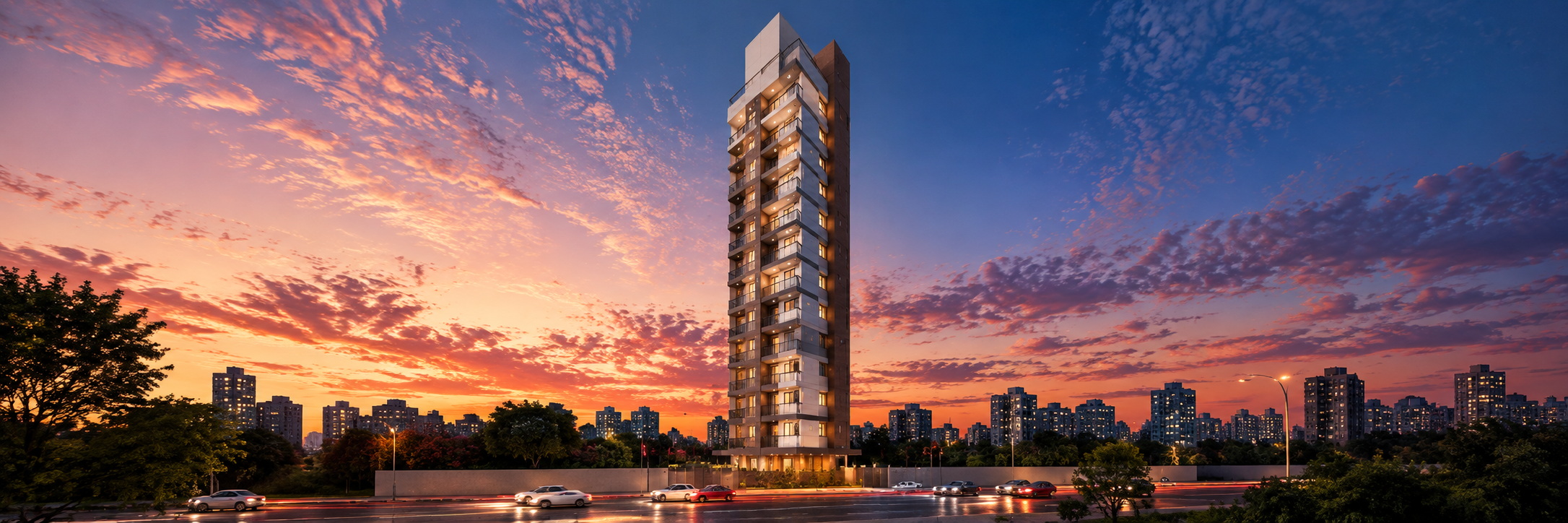 Torre residencial ao pôr do sol